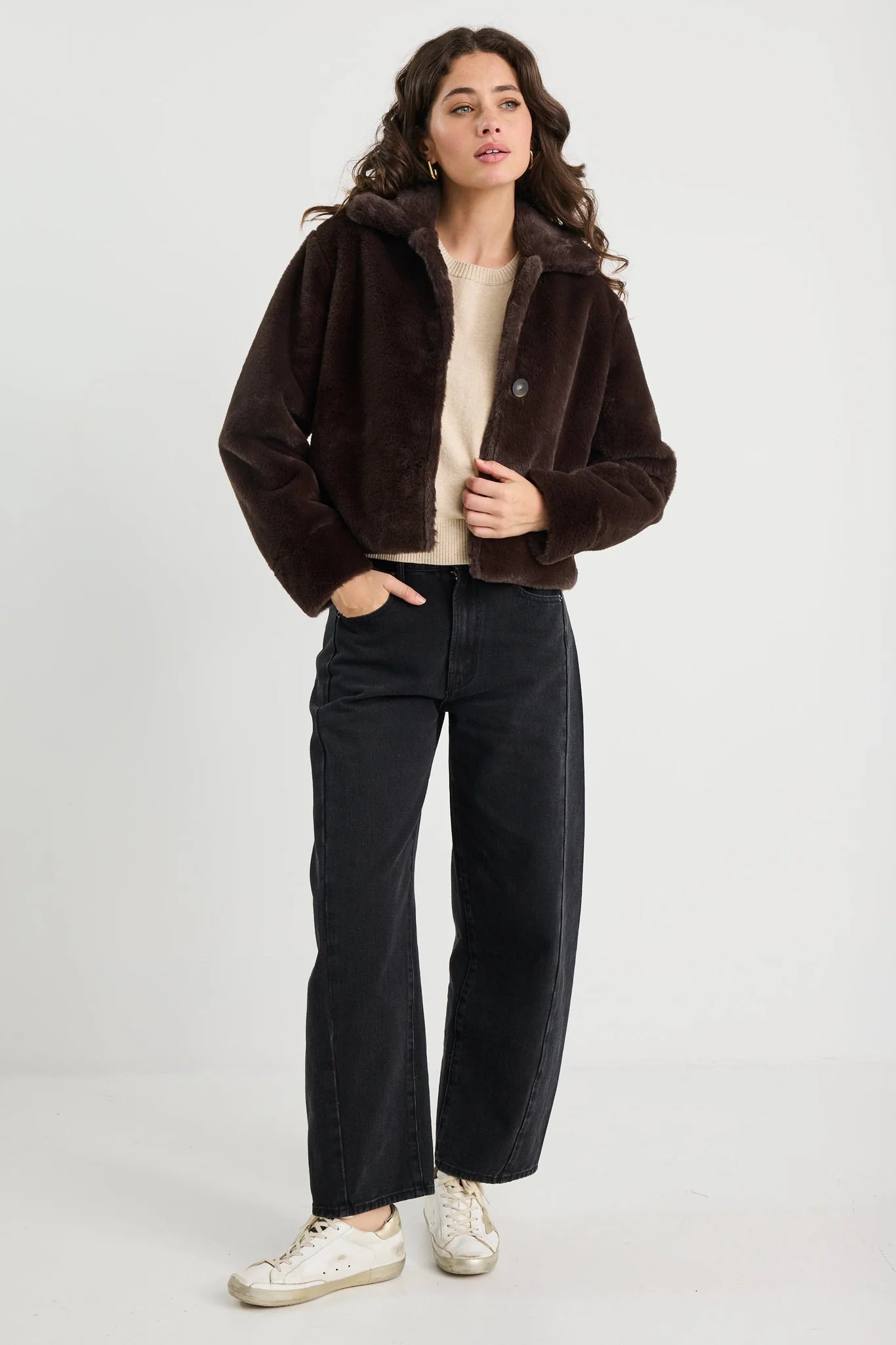 STORIES BE TOLD LODGE CHOCOLATE FAUX FUR JACKET - THE VOGUE STORE
