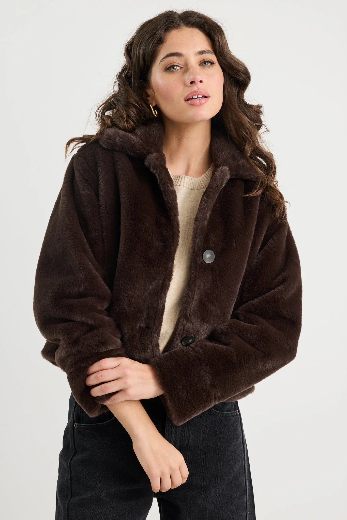 STORIES BE TOLD LODGE CHOCOLATE FAUX FUR JACKET - THE VOGUE STORE
