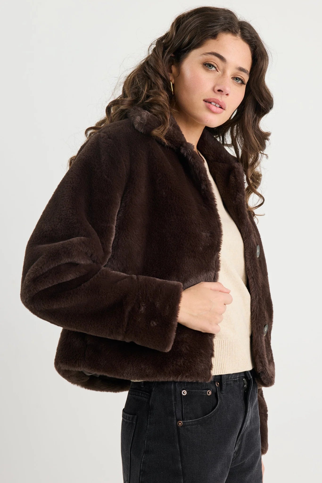 STORIES BE TOLD LODGE CHOCOLATE FAUX FUR JACKET - THE VOGUE STORE
