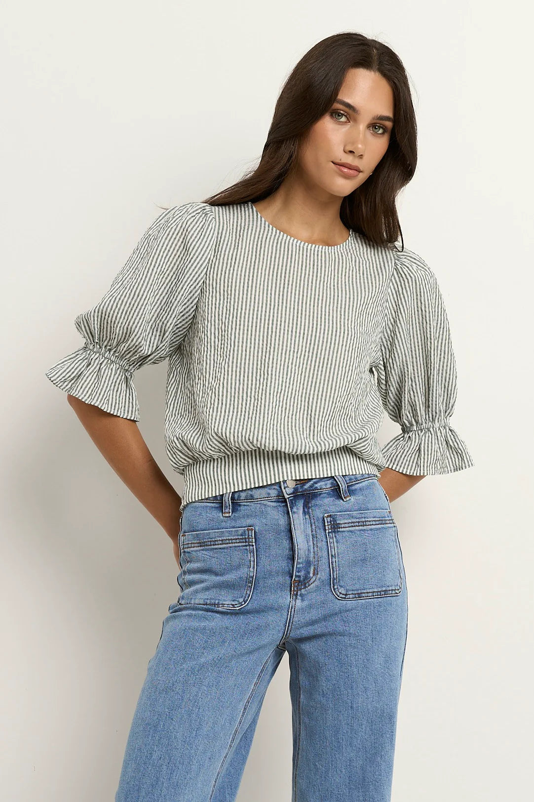 IVY + JACK LOVELY KHAKI STRIPE SHIRRED BACK SS TOP  - THE VOGUE STORE