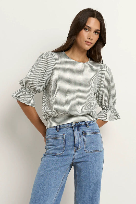 IVY + JACK LOVELY KHAKI STRIPE SHIRRED BACK SS TOP  - THE VOGUE STORE