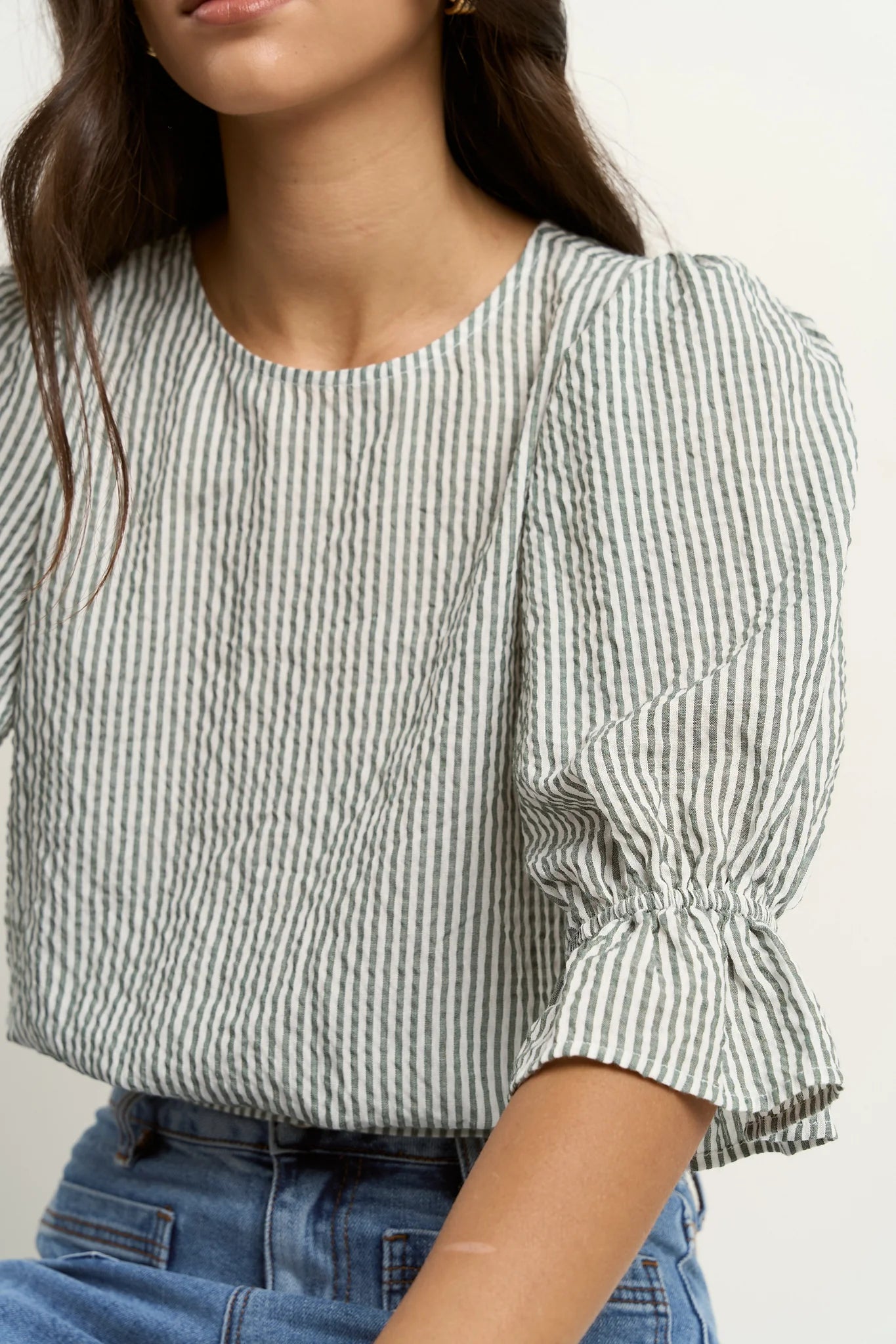 IVY + JACK LOVELY KHAKI STRIPE SHIRRED BACK SS TOP  - THE VOGUE STORE