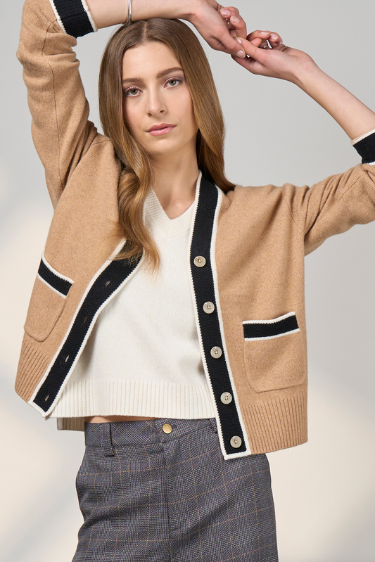 MADLY SWEETLY COLLEGE CARDI - CAMEL/BLACK - THE VOGUE STORE