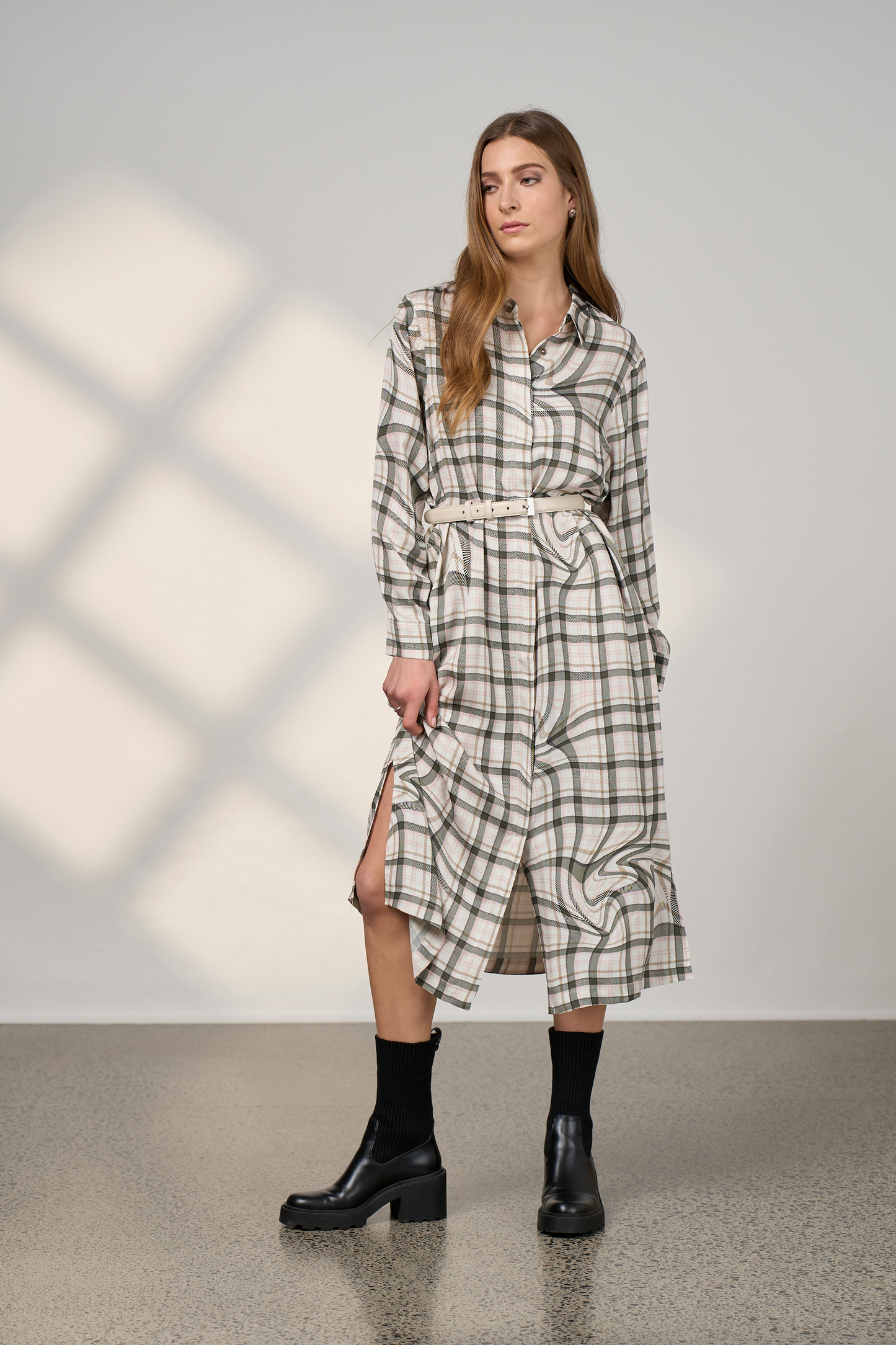 MADLY SWEETLY ILLUSION SHIRT DRESS - PUMICE - THE VOGUE STORE