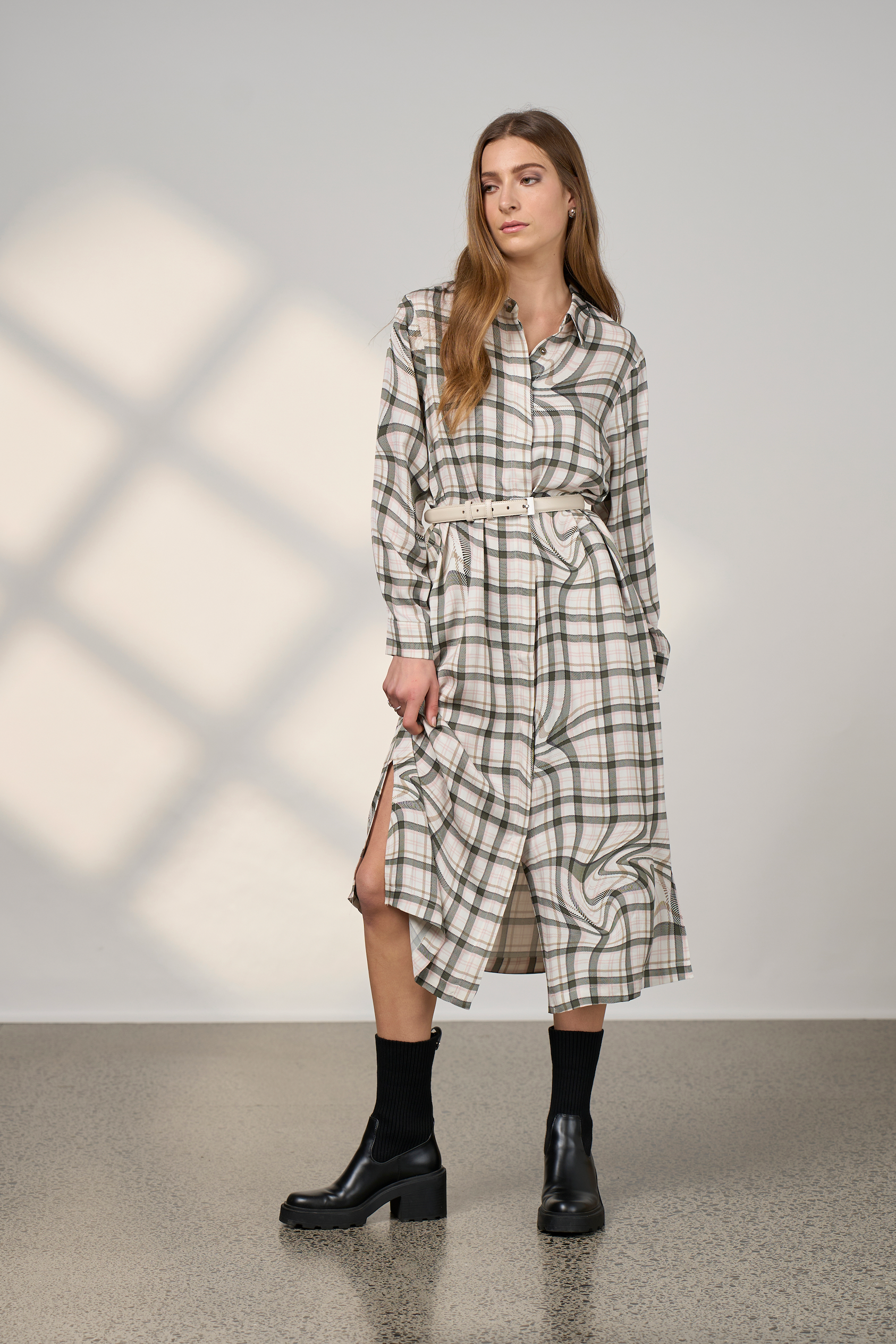 MADLY SWEETLY ILLUSION SHIRT DRESS - PUMICE - THE VOGUE STORE