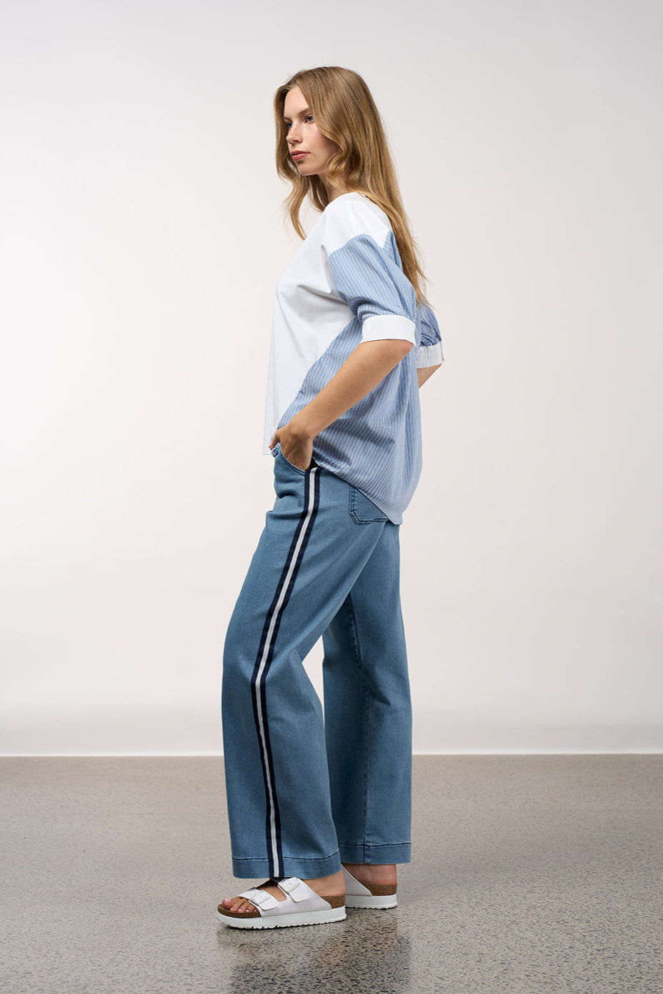 MADLY SWEETLY MIXED MEDIA STRIPE TOP - CHAMBRAY STRIPE - THE VOGUE STORE