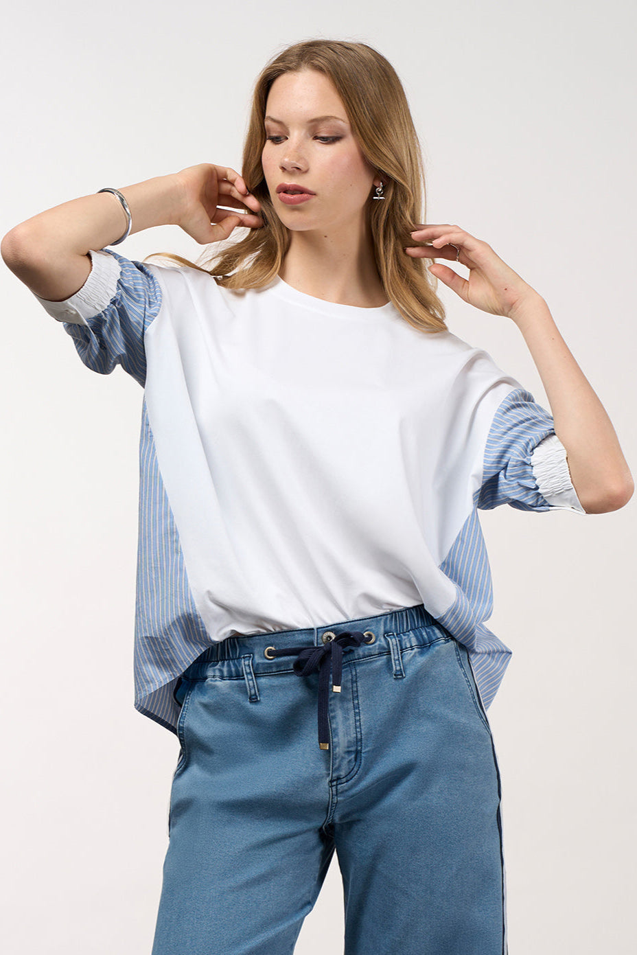 MADLY SWEETLY MIXED MEDIA STRIPE TOP - CHAMBRAY STRIPE - THE VOGUE STORE