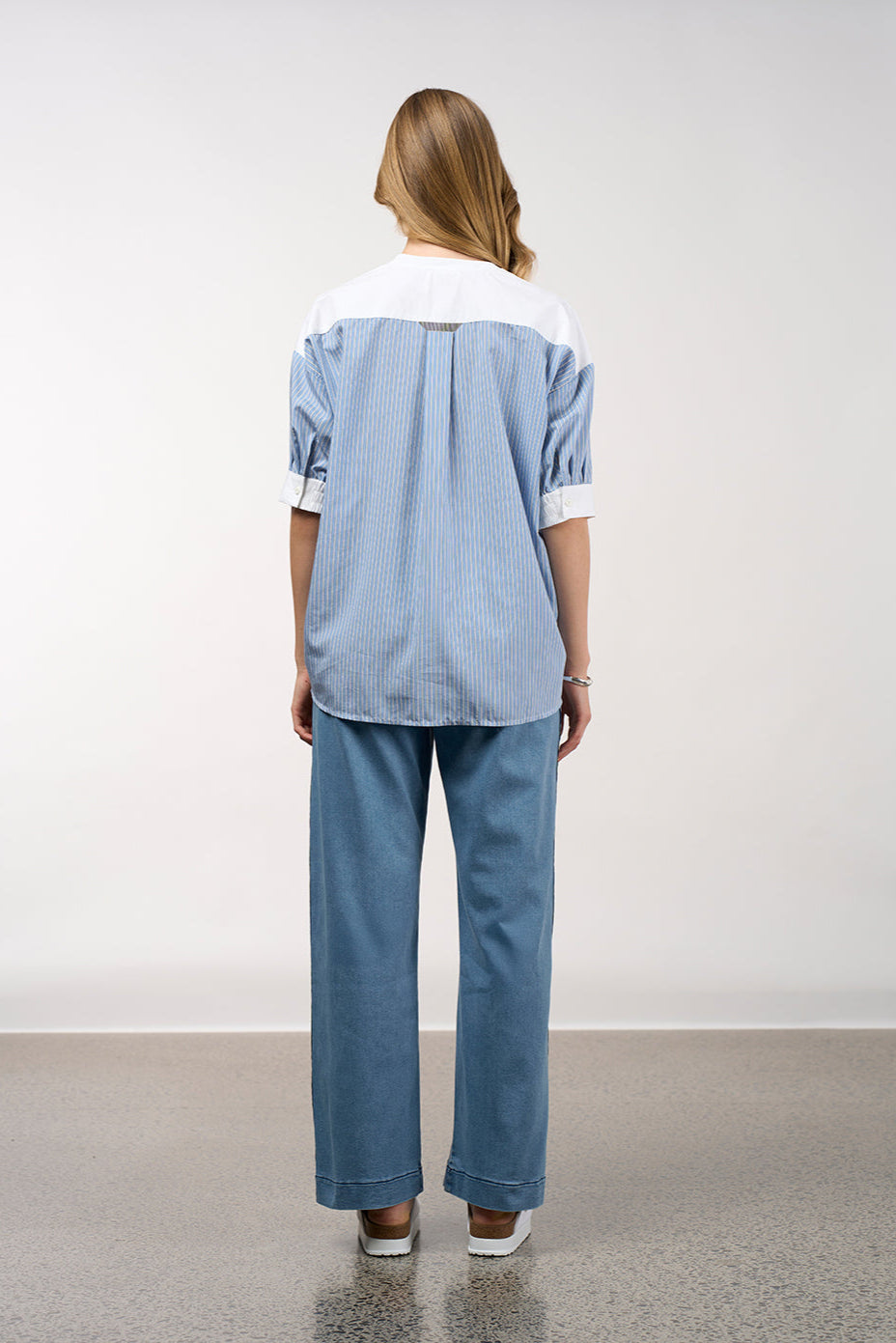 MADLY SWEETLY MIXED MEDIA STRIPE TOP - CHAMBRAY STRIPE - THE VOGUE STORE