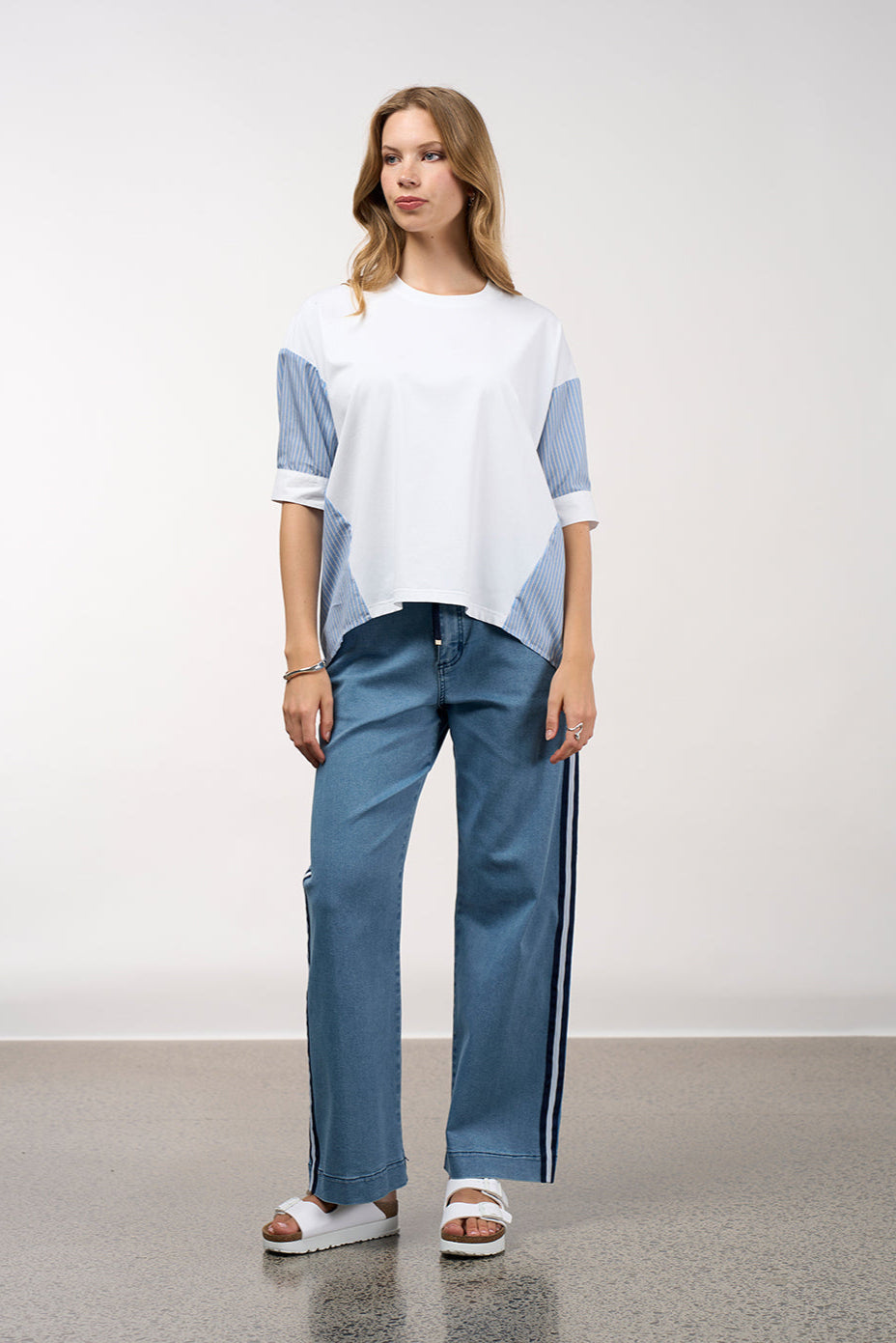 MADLY SWEETLY MIXED MEDIA STRIPE TOP - CHAMBRAY STRIPE - THE VOGUE STORE
