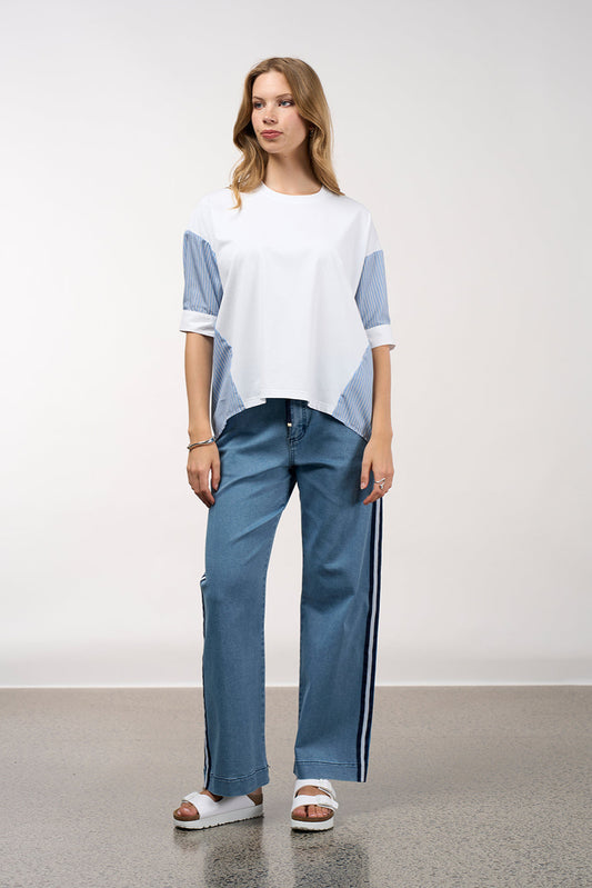MADLY SWEETLY MIXED MEDIA STRIPE TOP - CHAMBRAY STRIPE - THE VOGUE STORE
