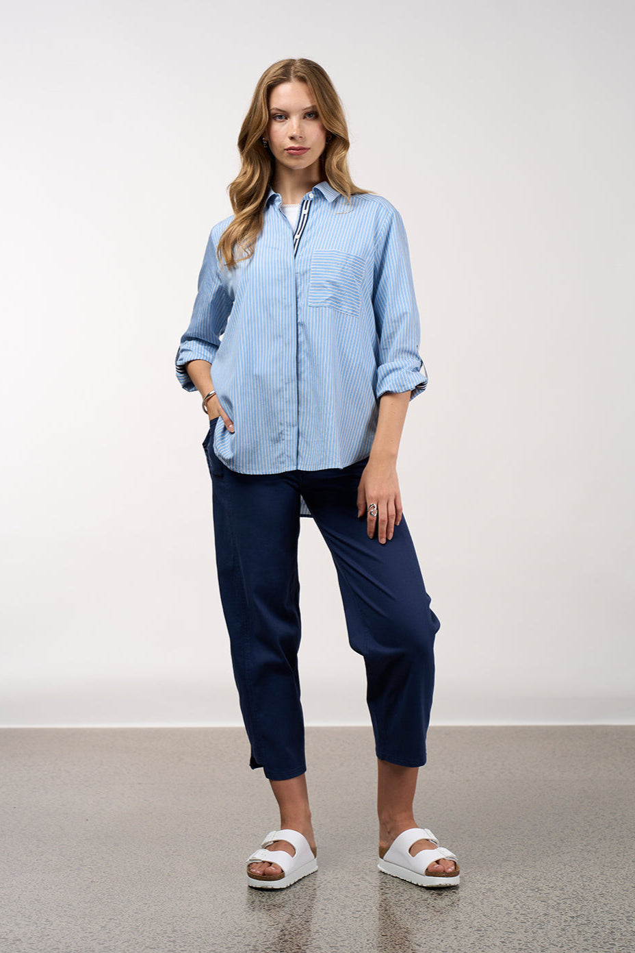 MADLY SWEETLY MIXED MEDIA STRIPE SHIRT - CHAMBRAY STRIPE - THE VOGUE STORE