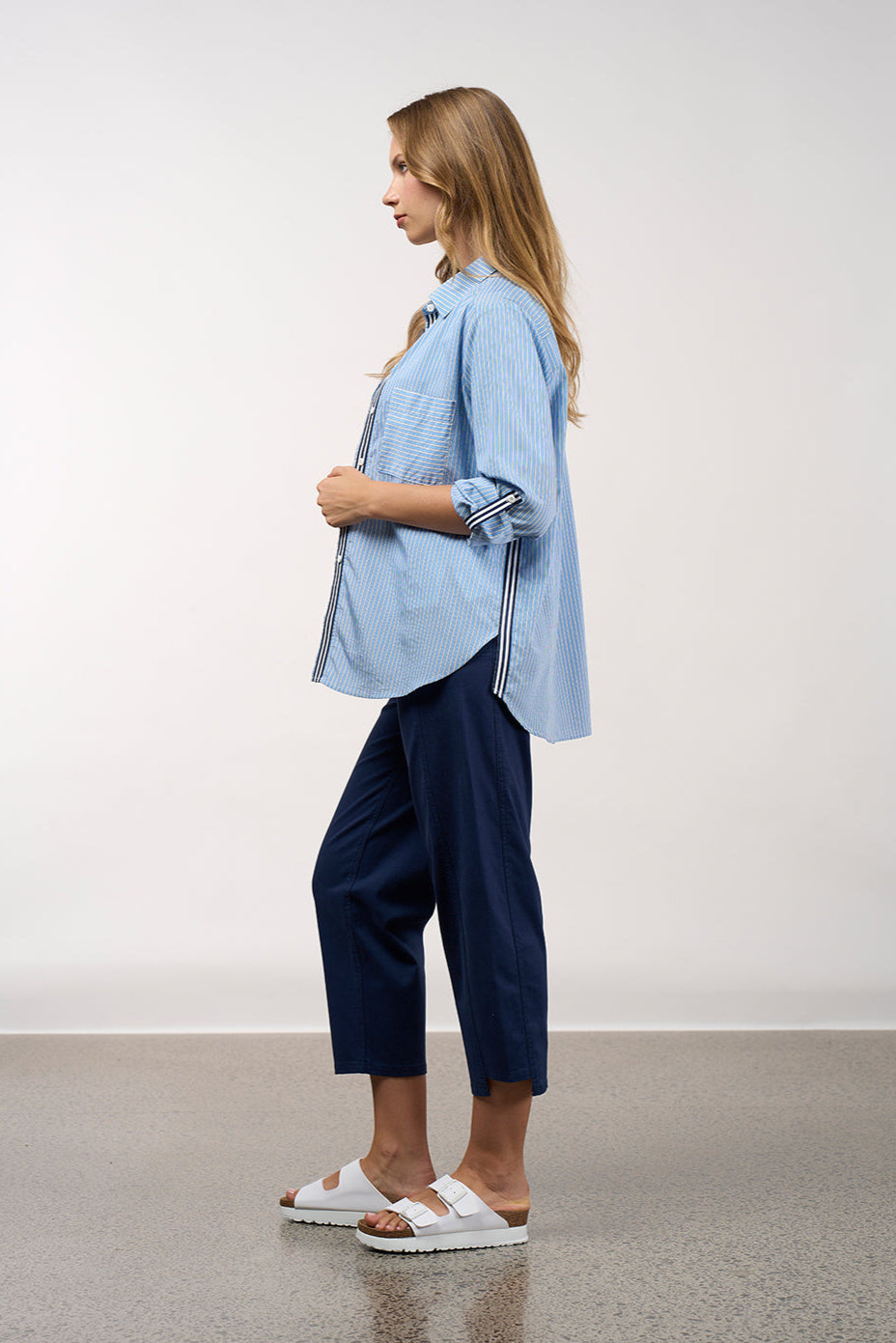 MADLY SWEETLY MIXED MEDIA STRIPE SHIRT - CHAMBRAY STRIPE - THE VOGUE STORE