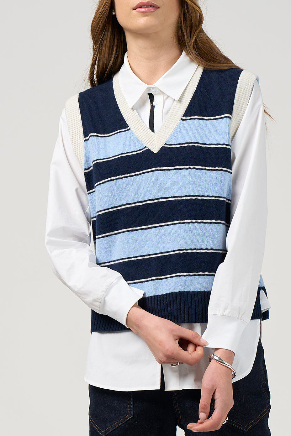 MADLY SWEETLY COLLEGE VEST - NAVY/BLUE - THE VOGUE STORE