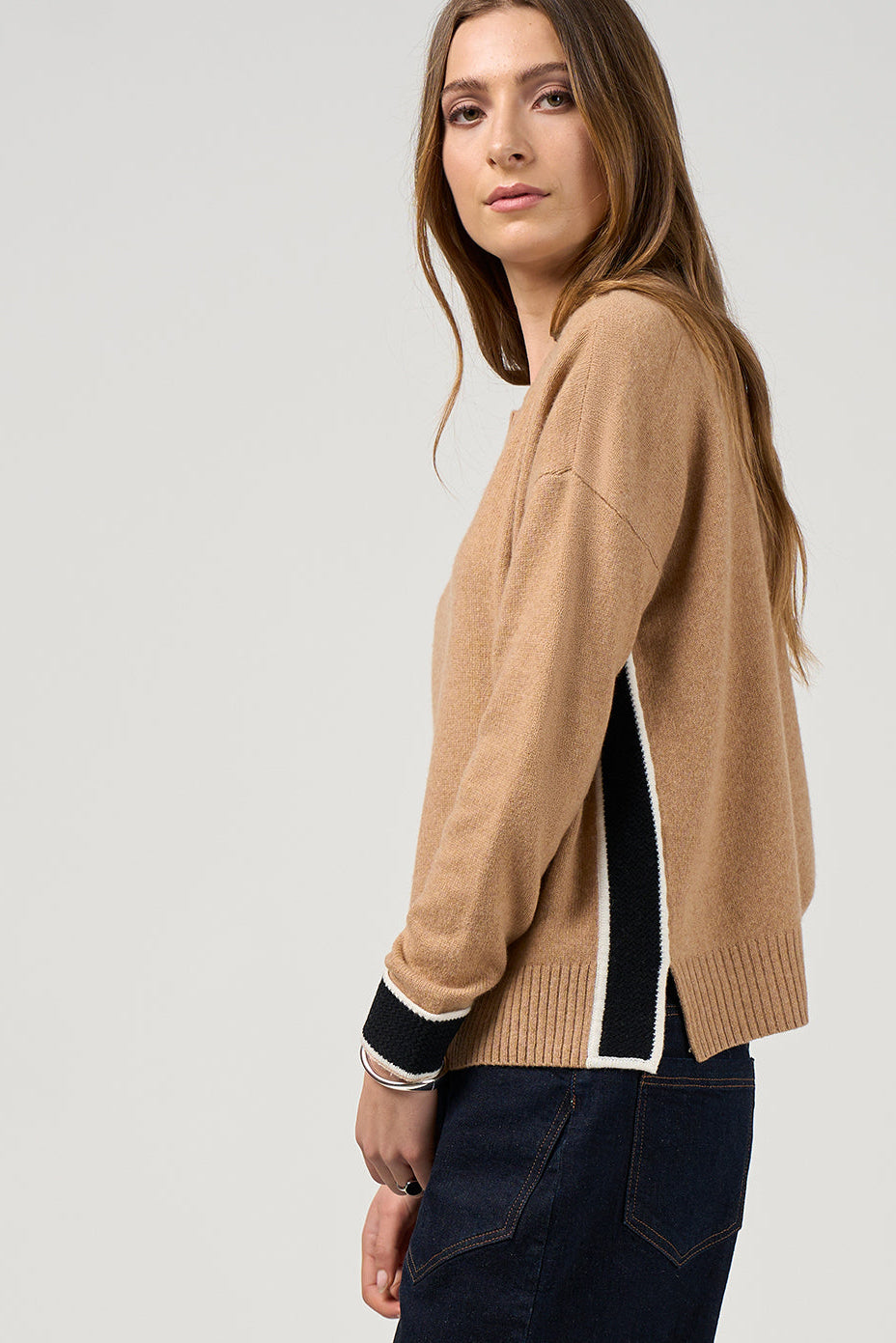 MADLY SWEETLY COLLEGE SWEATER - CAMEL/BLACK - THE VOGUE STORE