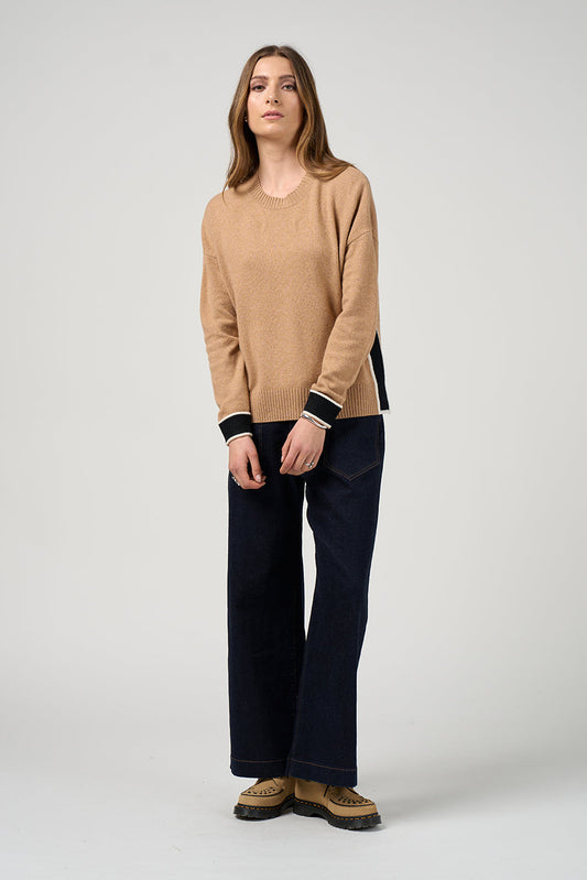 MADLY SWEETLY COLLEGE SWEATER - CAMEL/BLACK - THE VOGUE STORE