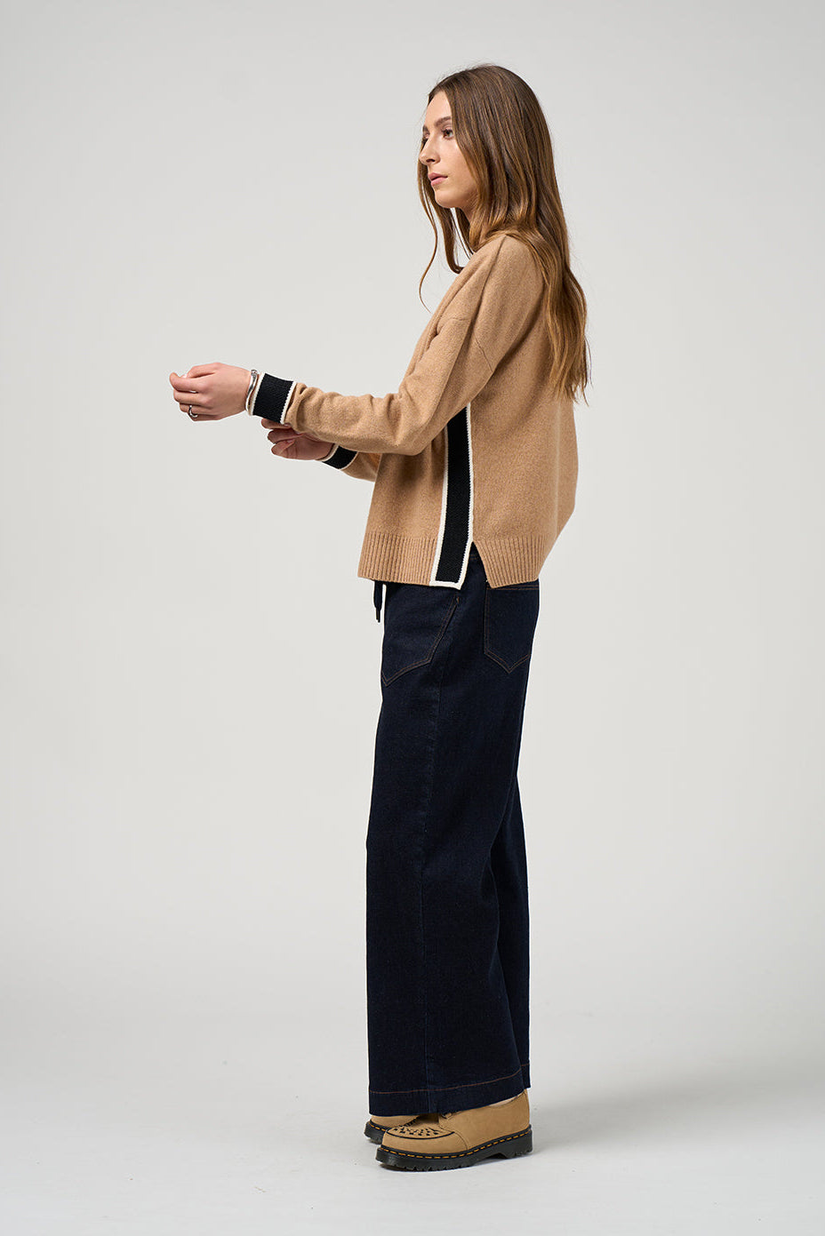 MADLY SWEETLY COLLEGE SWEATER - CAMEL/BLACK - THE VOGUE STORE