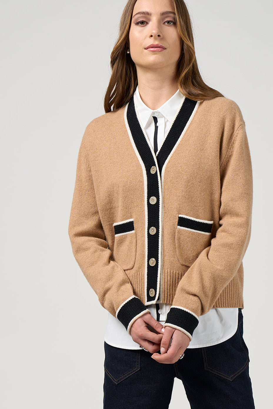 MADLY SWEETLY COLLEGE CARDI - CAMEL/BLACK - THE VOGUE STORE
