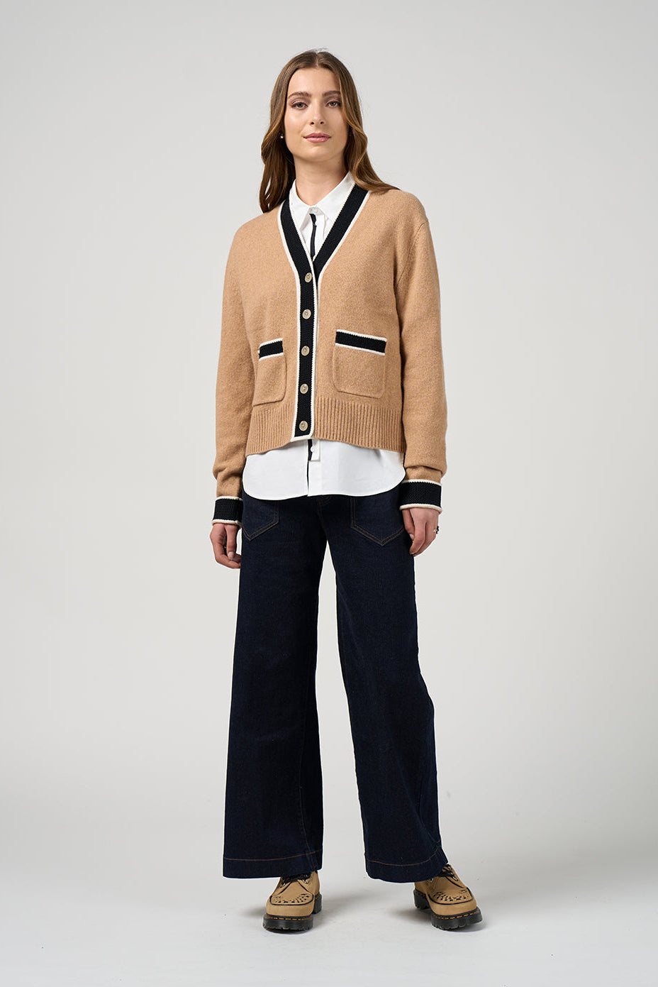 MADLY SWEETLY COLLEGE CARDI - CAMEL/BLACK - THE VOGUE STORE