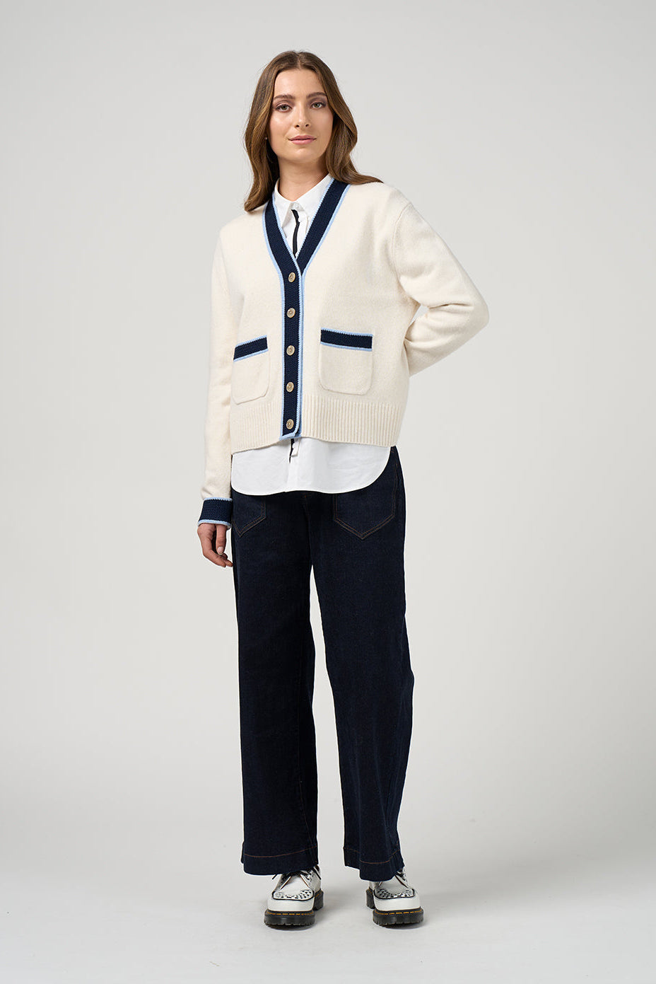 MADLY SWEETLY COLLEGE CARDI - WINTER WHITE - THE VOGUE STORE