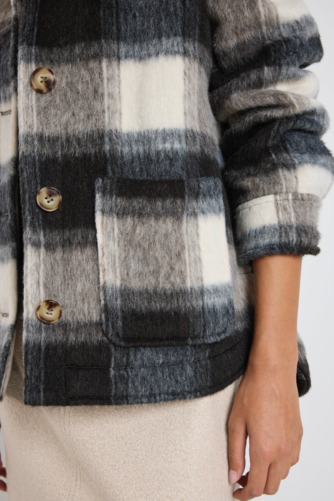 AMONG THE BRAVE MINDFUL CHARCOAL CHECK OVERSIZED SHACKET - BEIGE CHECK - THE VOGUE STORE