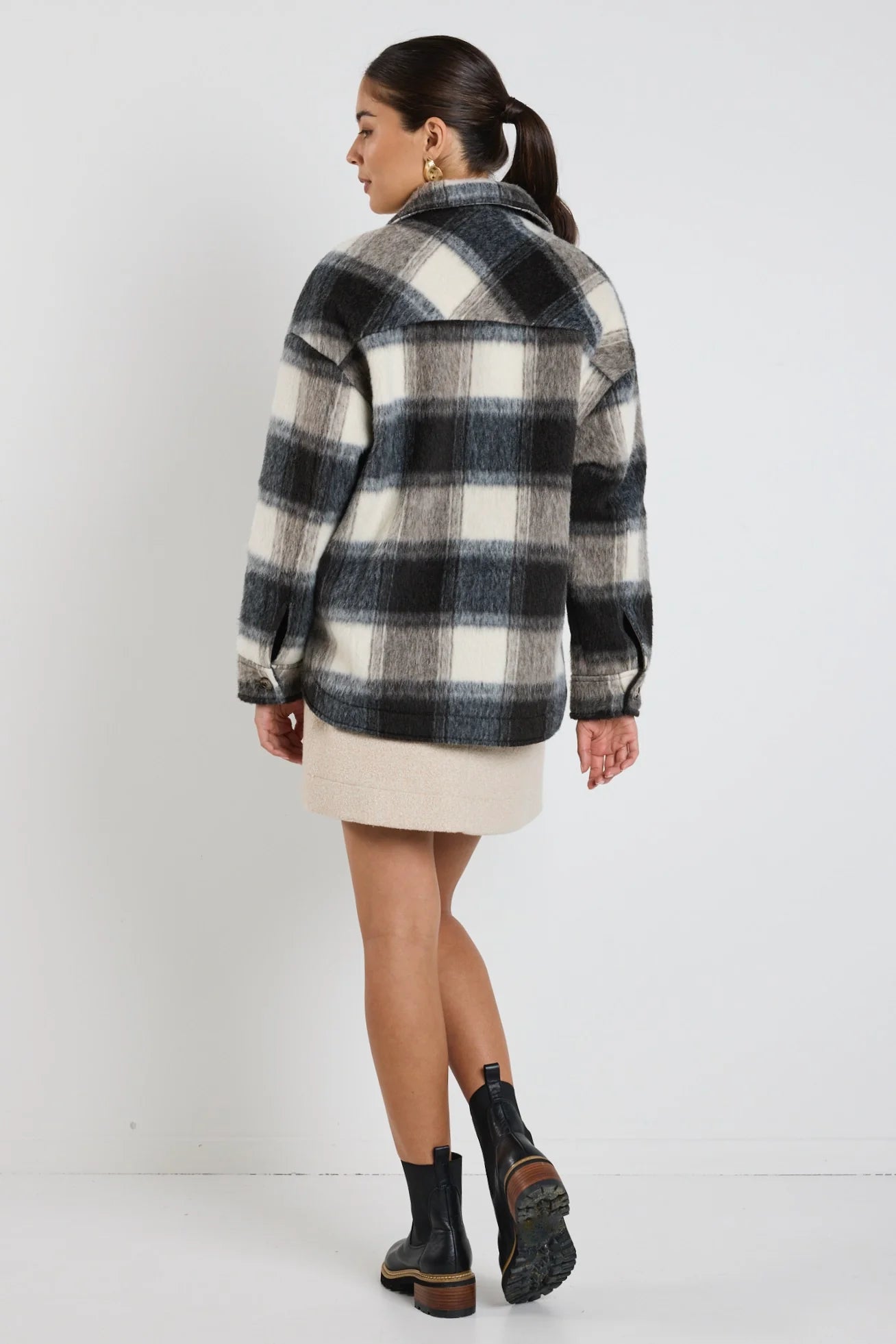 AMONG THE BRAVE MINDFUL CHARCOAL CHECK OVERSIZED SHACKET - BEIGE CHECK - THE VOGUE STORE