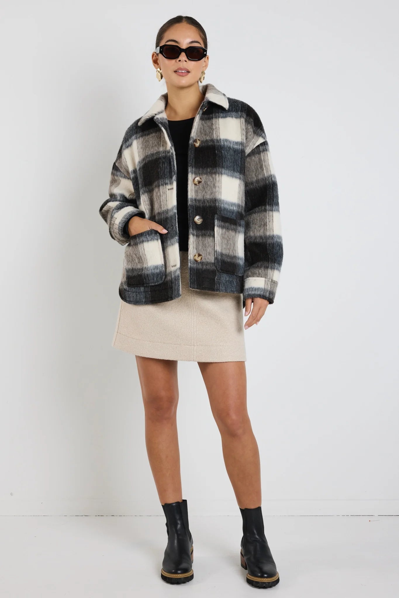 AMONG THE BRAVE MINDFUL CHARCOAL CHECK OVERSIZED SHACKET - BEIGE CHECK - THE VOGUE STORE