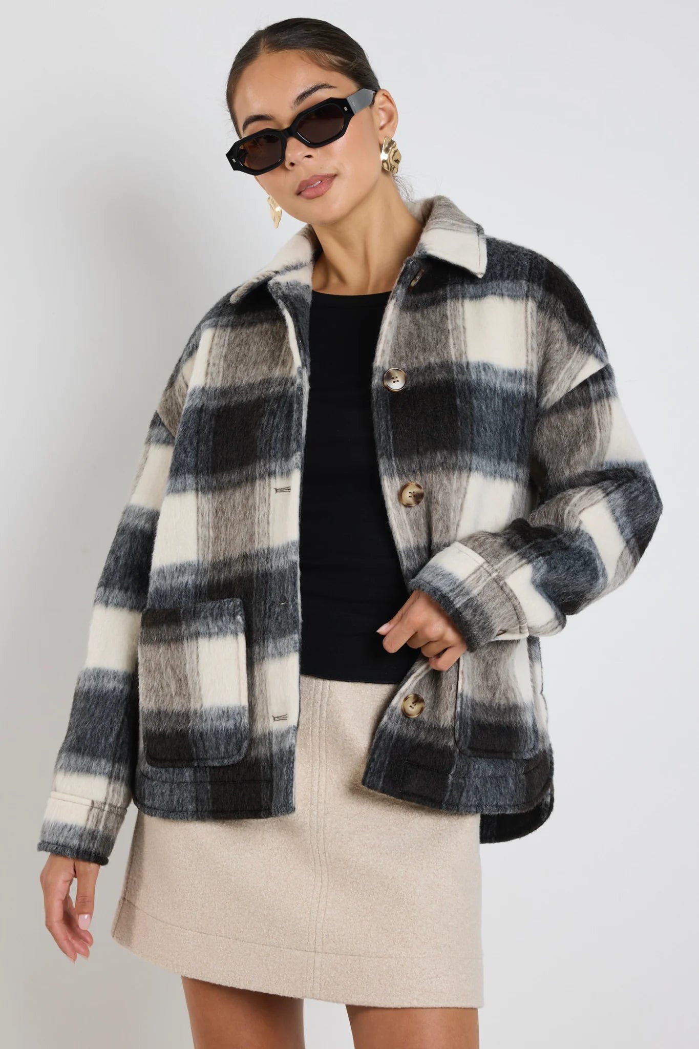 AMONG THE BRAVE MINDFUL CHARCOAL CHECK OVERSIZED SHACKET - BEIGE CHECK - THE VOGUE STORE