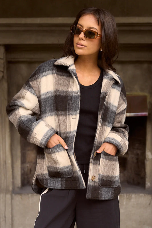 AMONG THE BRAVE MINDFUL CHARCOAL CHECK OVERSIZED SHACKET - BEIGE CHECK - THE VOGUE STORE