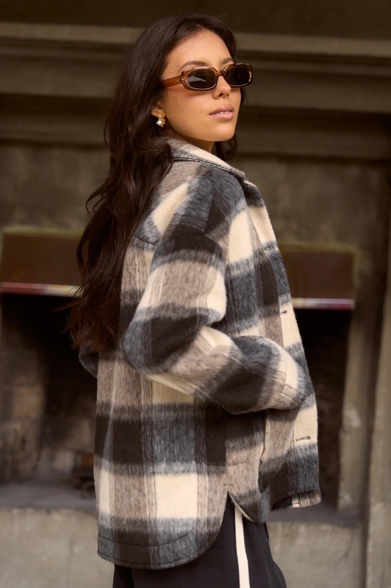 AMONG THE BRAVE MINDFUL CHARCOAL CHECK OVERSIZED SHACKET - BEIGE CHECK - THE VOGUE STORE