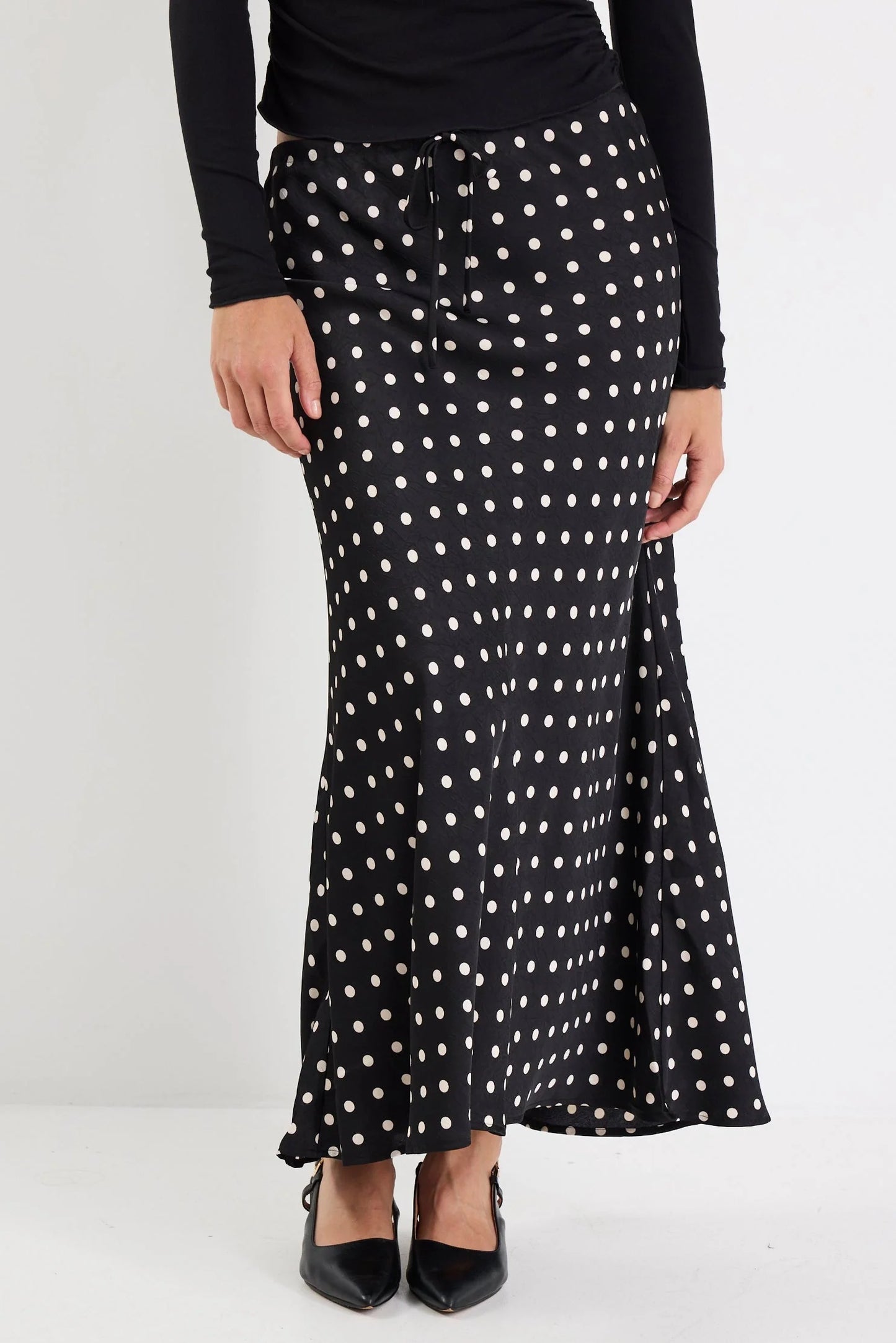 STORIES BE TOLD RARITY BLACK WHITE POLKA DOT SATIN TIE WAIST BIAS MAXI SKIRT - THE VOGUE STORE