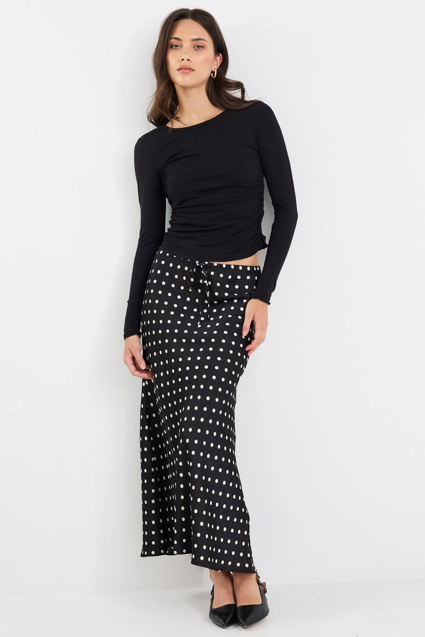 STORIES BE TOLD RARITY BLACK WHITE POLKA DOT SATIN TIE WAIST BIAS MAXI SKIRT - THE VOGUE STORE