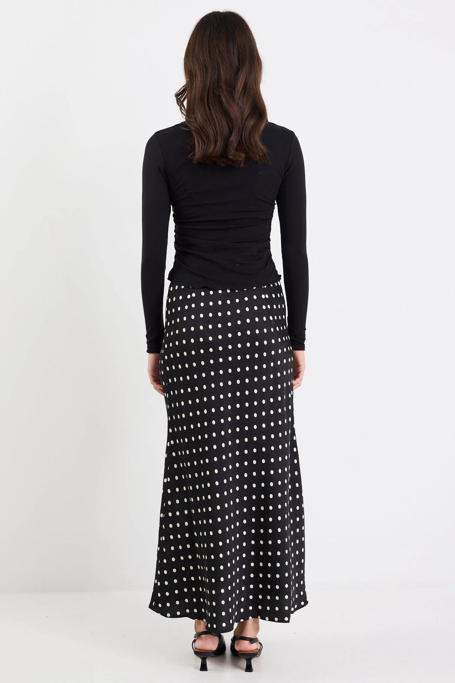 STORIES BE TOLD RARITY BLACK WHITE POLKA DOT SATIN TIE WAIST BIAS MAXI SKIRT - THE VOGUE STORE
