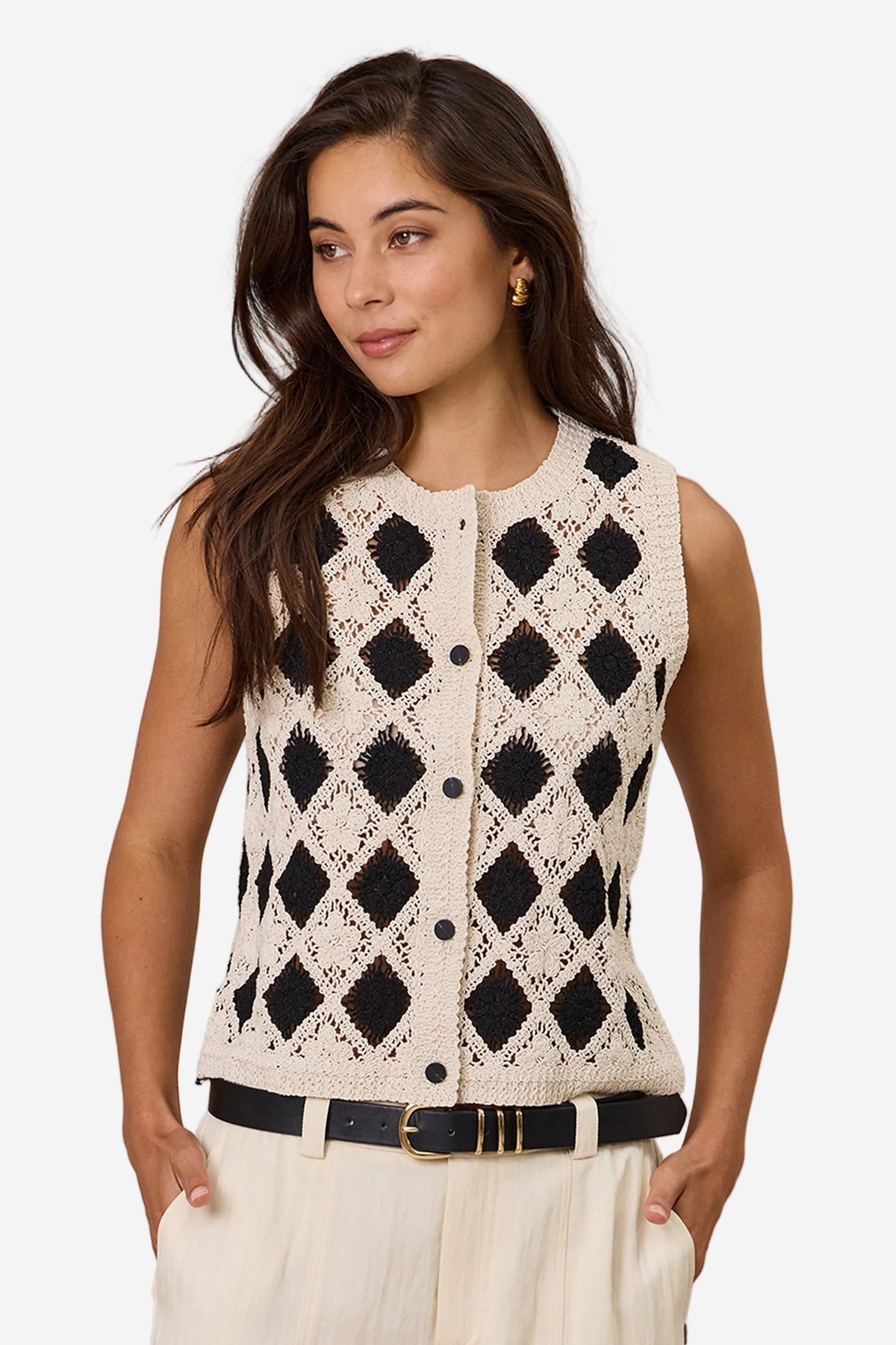 DESIGN NATION QUINN CROCHET VEST - CREAM/BLACK - THE VOGUE STORE