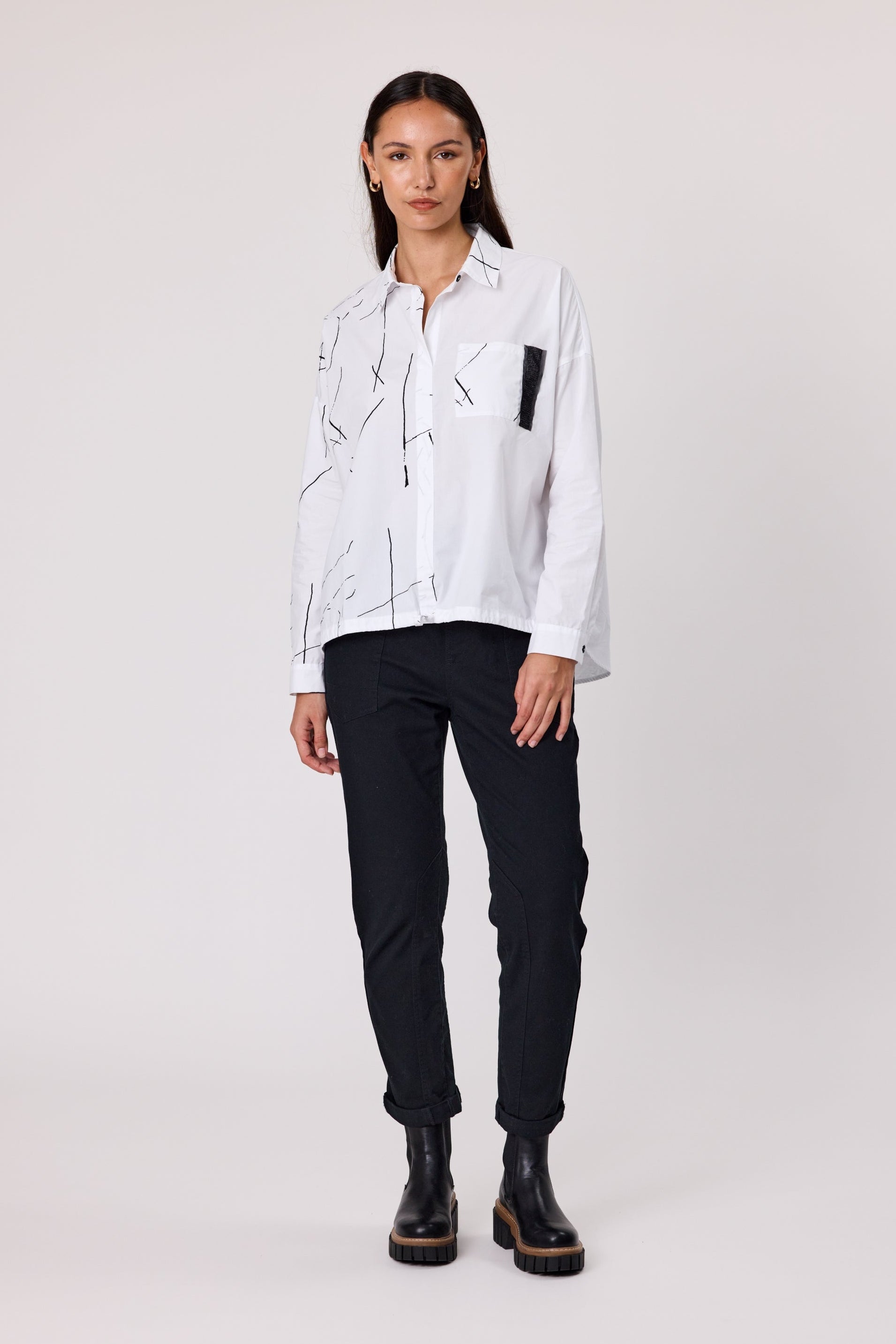 DUO MOXIE TIE HEM SHIRT - WHITE MIX - THE VOGUE STORE