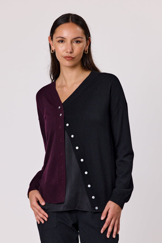 DUO FLYNN MERINO CARDIGAN - BLACK/MERLOT - THE VOIGUE STORE