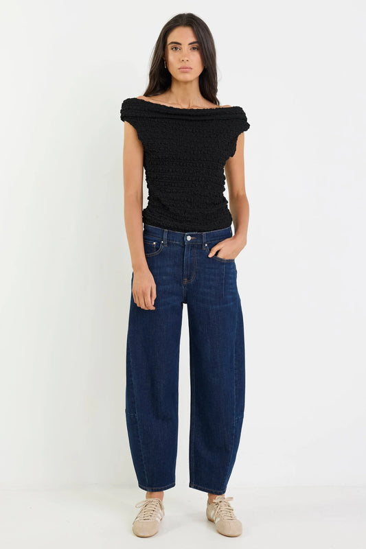 AMONG THE BRAVE GRADUATE DARK BLUE STRETCH BARREL JEANS - THE VOGUE STORE