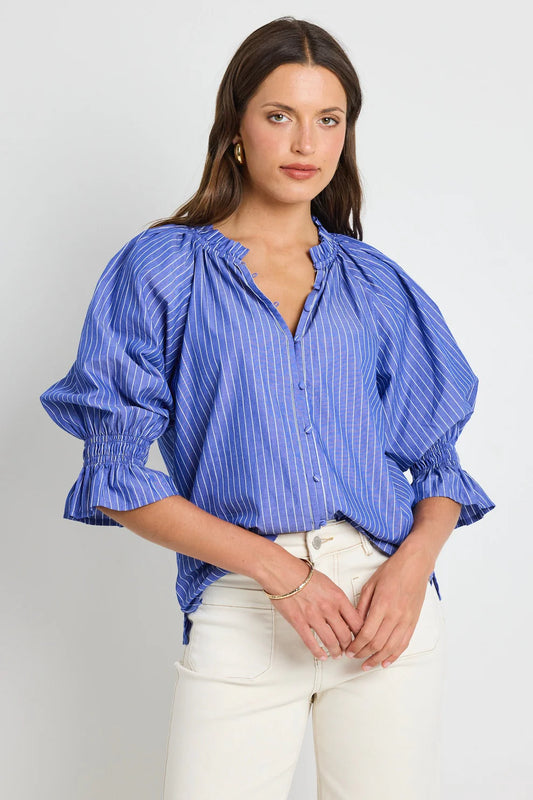 IVY + JACK NOETIC DARK BLUE STRIPE SHORT SLEEVE BLOUSE - THE VOGUE STORE