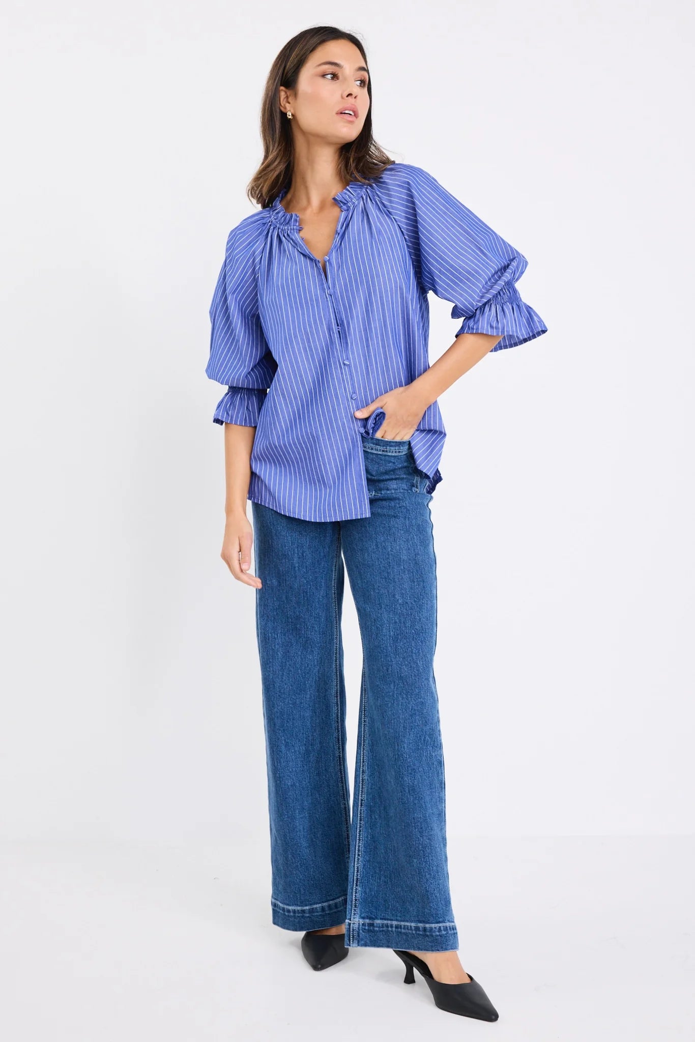 IVY + JACK NOETIC DARK BLUE STRIPE SHORT SLEEVE BLOUSE  - THE VOGUE STORE