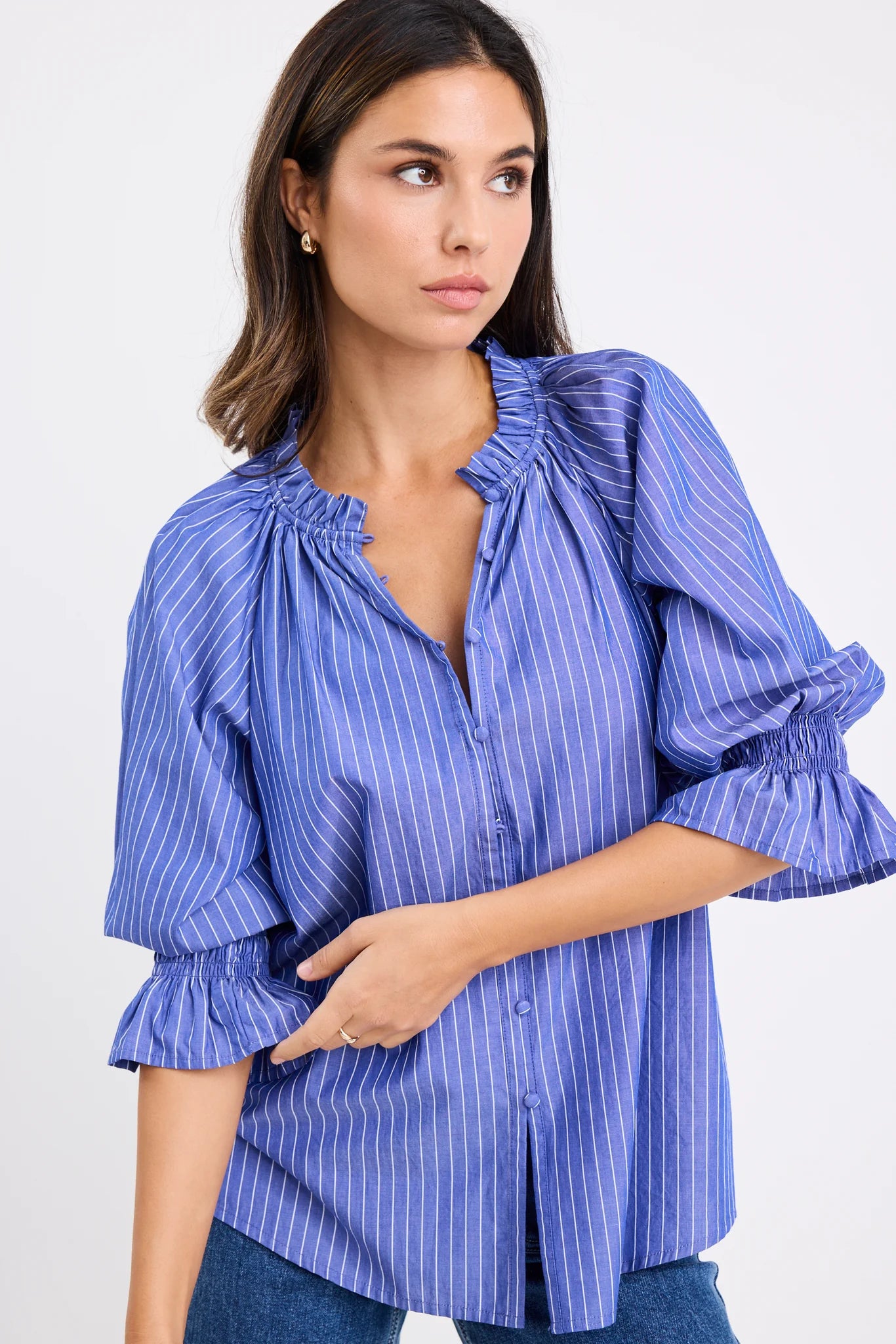 IVY + JACK NOETIC DARK BLUE STRIPE SHORT SLEEVE BLOUSE  - THE VOGUE STORE