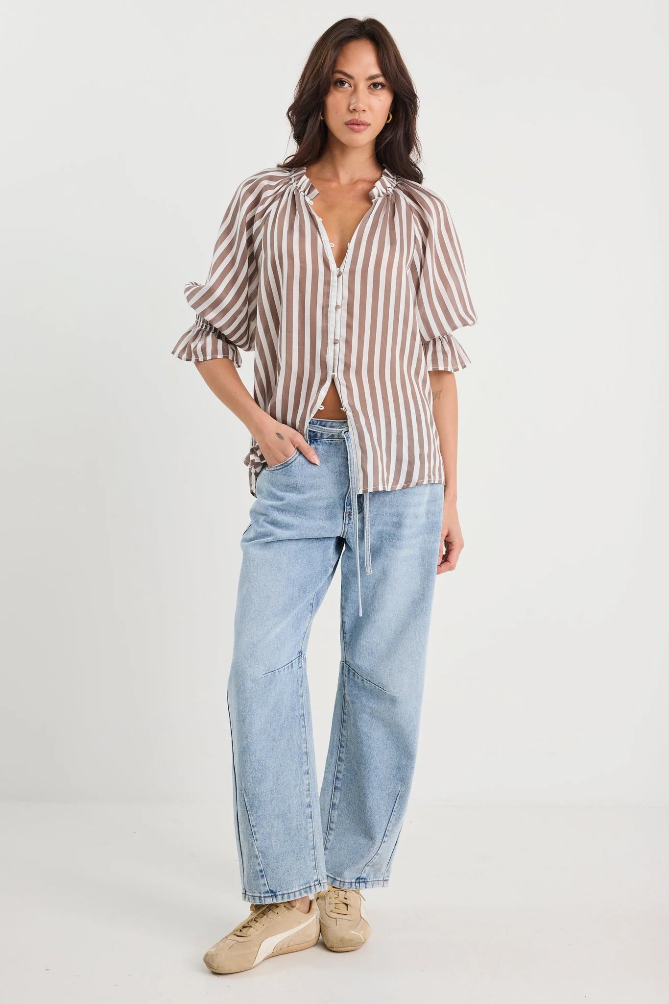 IVY + JACK NOETIC CHOCOLATE STRIPE SHORT SLEEVE BLOUSE - THE VOGUE STORE