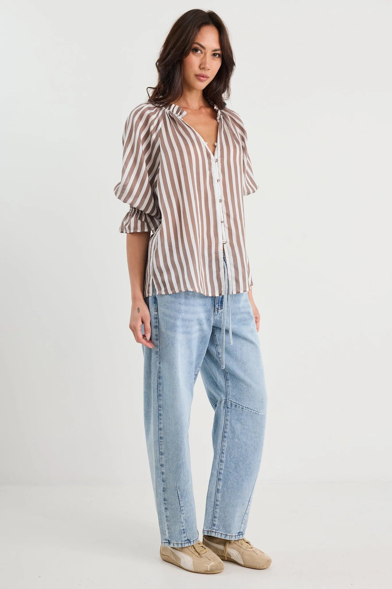 IVY + JACK NOETIC CHOCOLATE STRIPE SHORT SLEEVE BLOUSE - THE VOGUE STORE