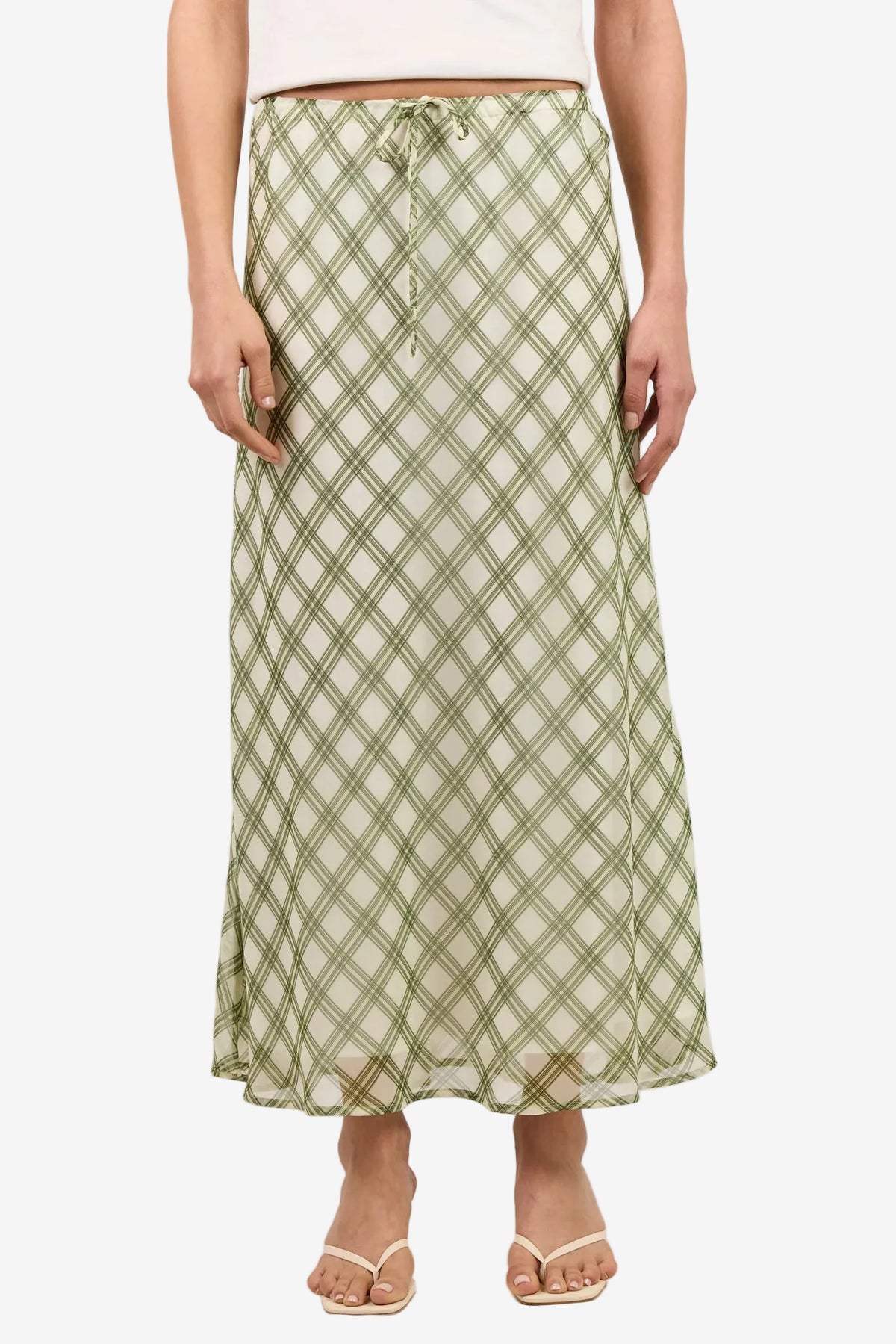 IVY + JACK DRIFTER AVOCADO CHECK CHIFFON TIE WAIST BIAS MAXI SKIRT - THE VOGUE STORE