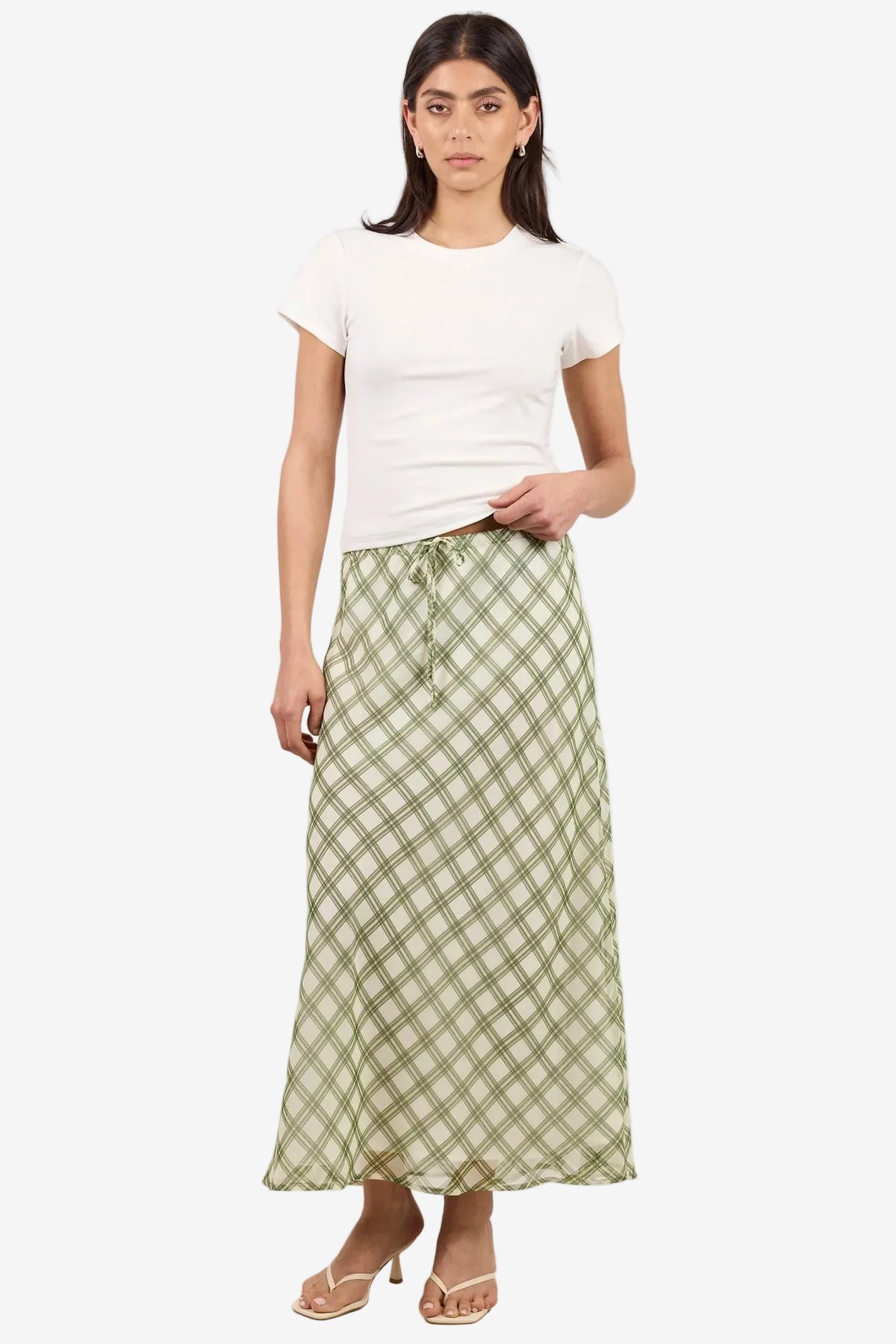 IVY + JACK DRIFTER AVOCADO CHECK CHIFFON TIE WAIST BIAS MAXI SKIRT - THE VOGUE STORE