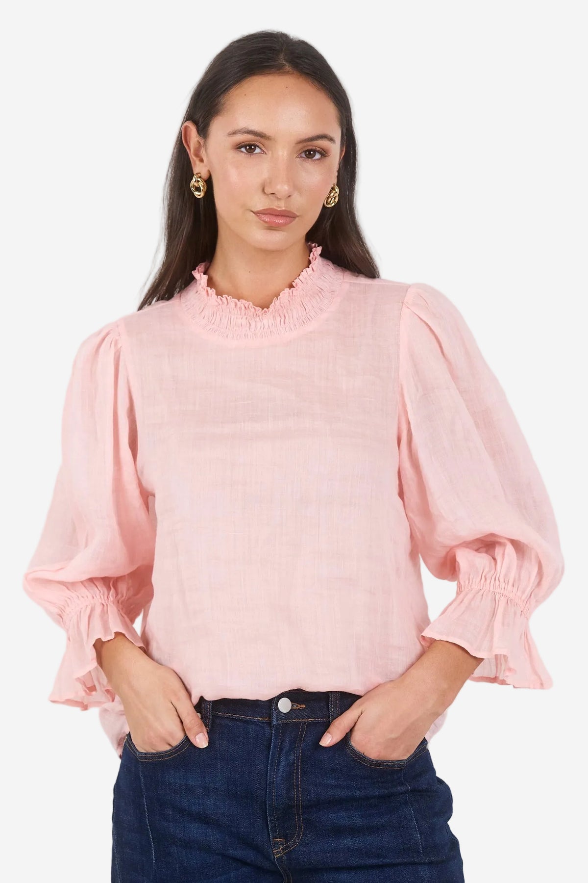 Among The Brave Occasion Pale Pink Shirred Neck SS Top - The Vogue Store