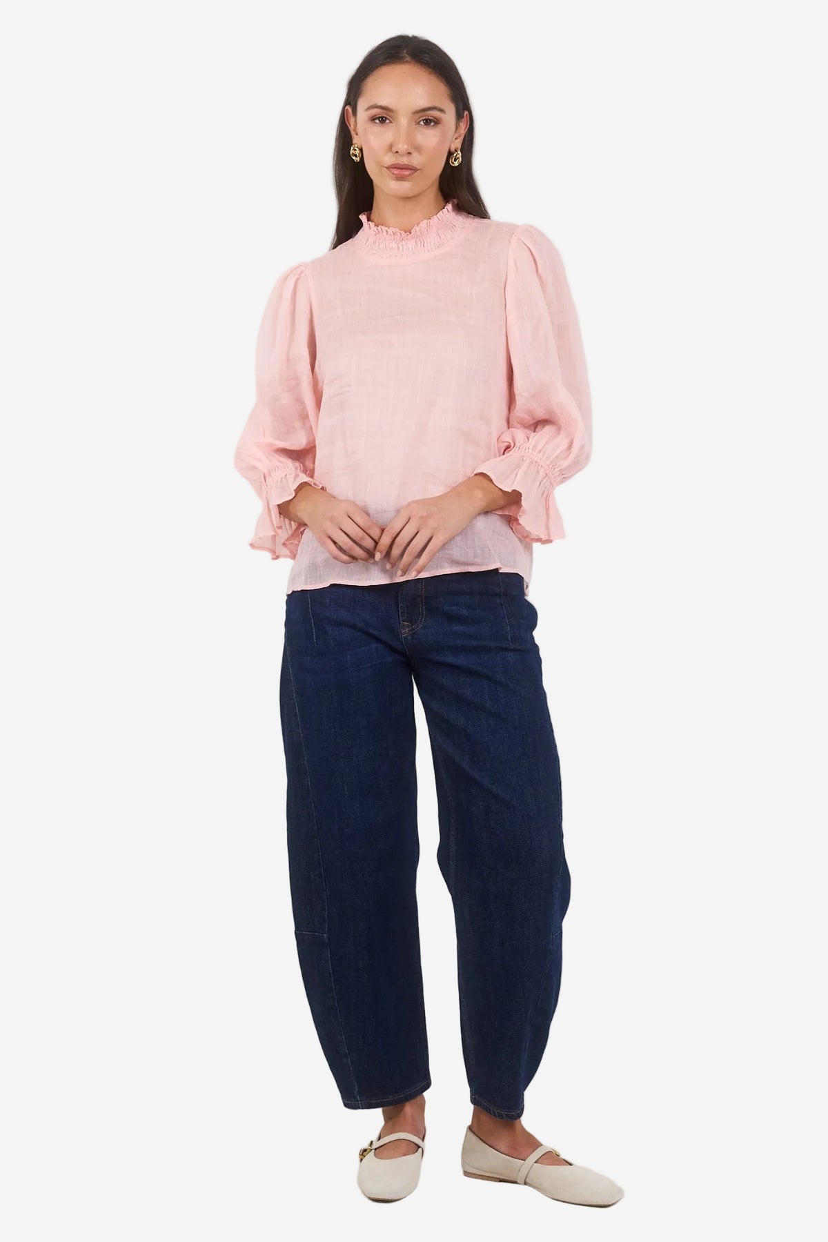 Among The Brave Occasion Pale Pink Shirred Neck SS Top - The Vogue Store
