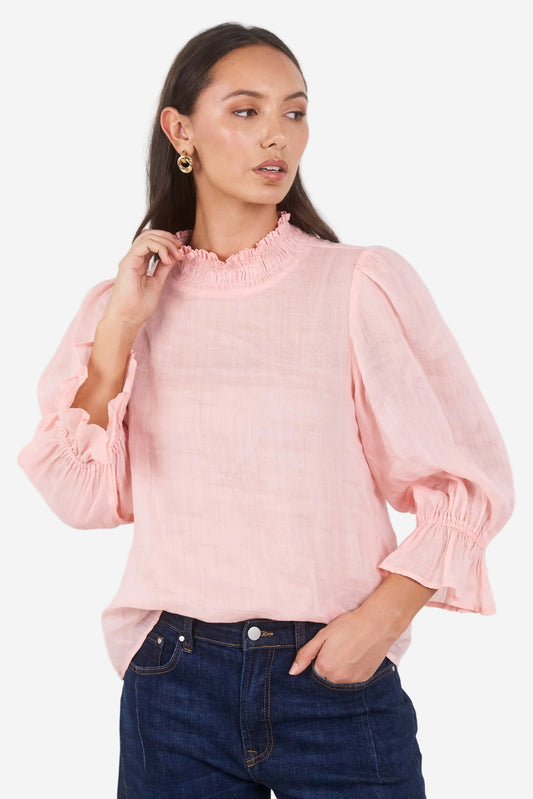 Among The Brave Occasion Pale Pink Shirred Neck SS Top - The Vogue Store