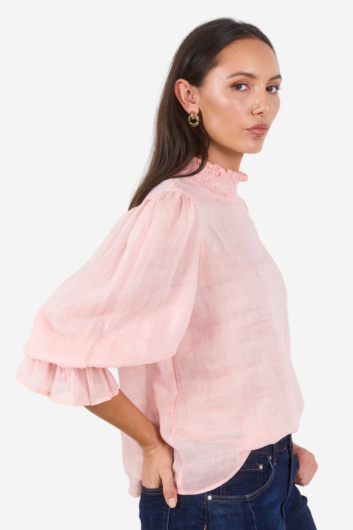 Among The Brave Occasion Pale Pink Shirred Neck SS Top - The Vogue Store