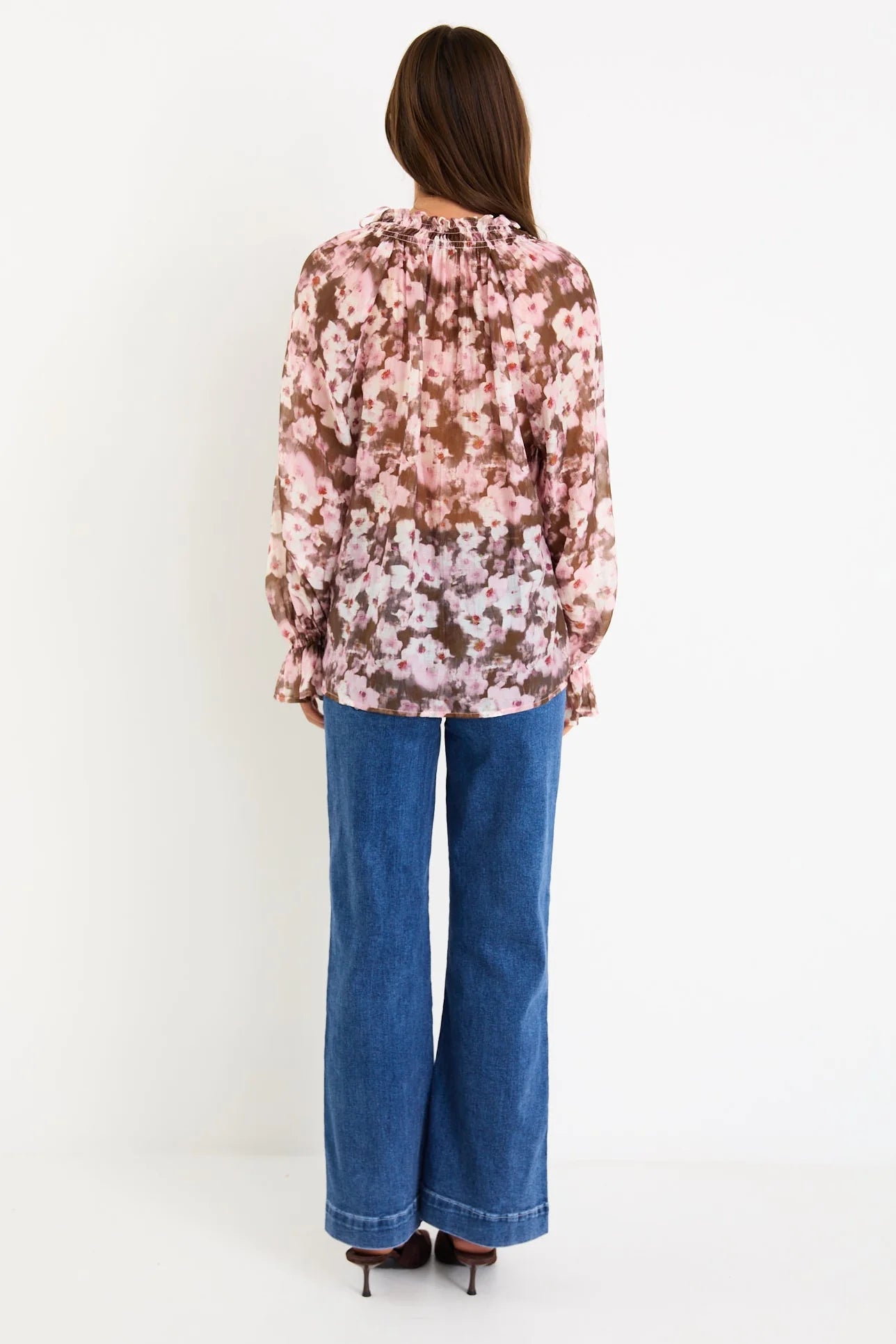 AMONG THE BRAVE ODYSSEY BLUSH CHOCOLATE FLORAL SHIRRED NECK LS TOP - THE VOGUE STORE