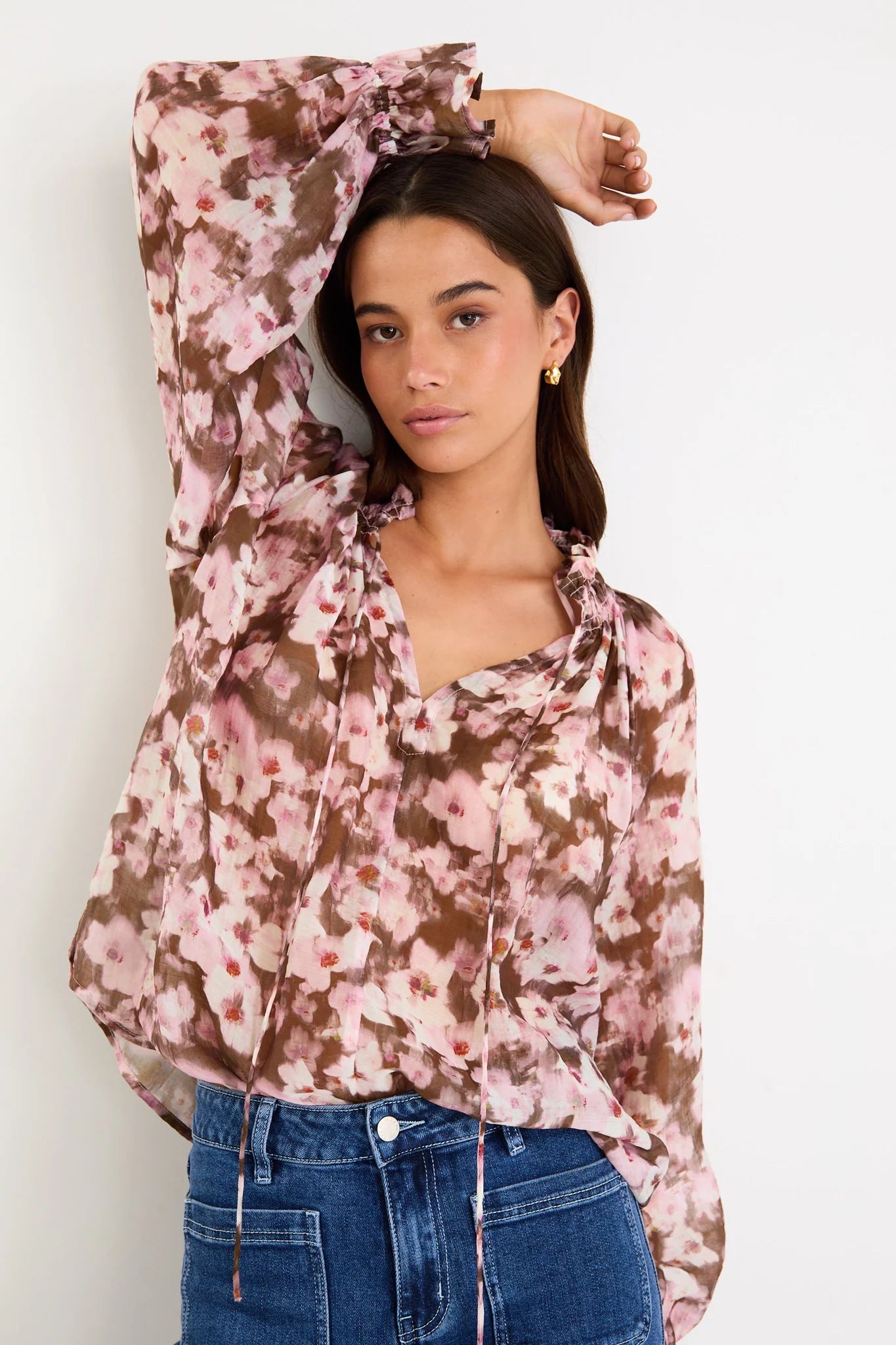 AMONG THE BRAVE ODYSSEY BLUSH CHOCOLATE FLORAL SHIRRED NECK LS TOP - THE VOGUE STORE