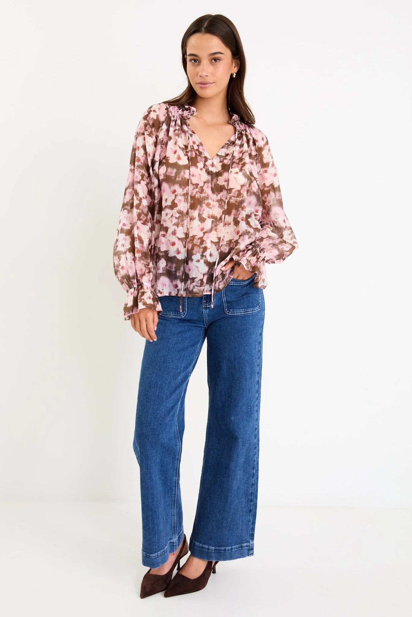 AMONG THE BRAVE ODYSSEY BLUSH CHOCOLATE FLORAL SHIRRED NECK LS TOP - THE VOGUE STORE